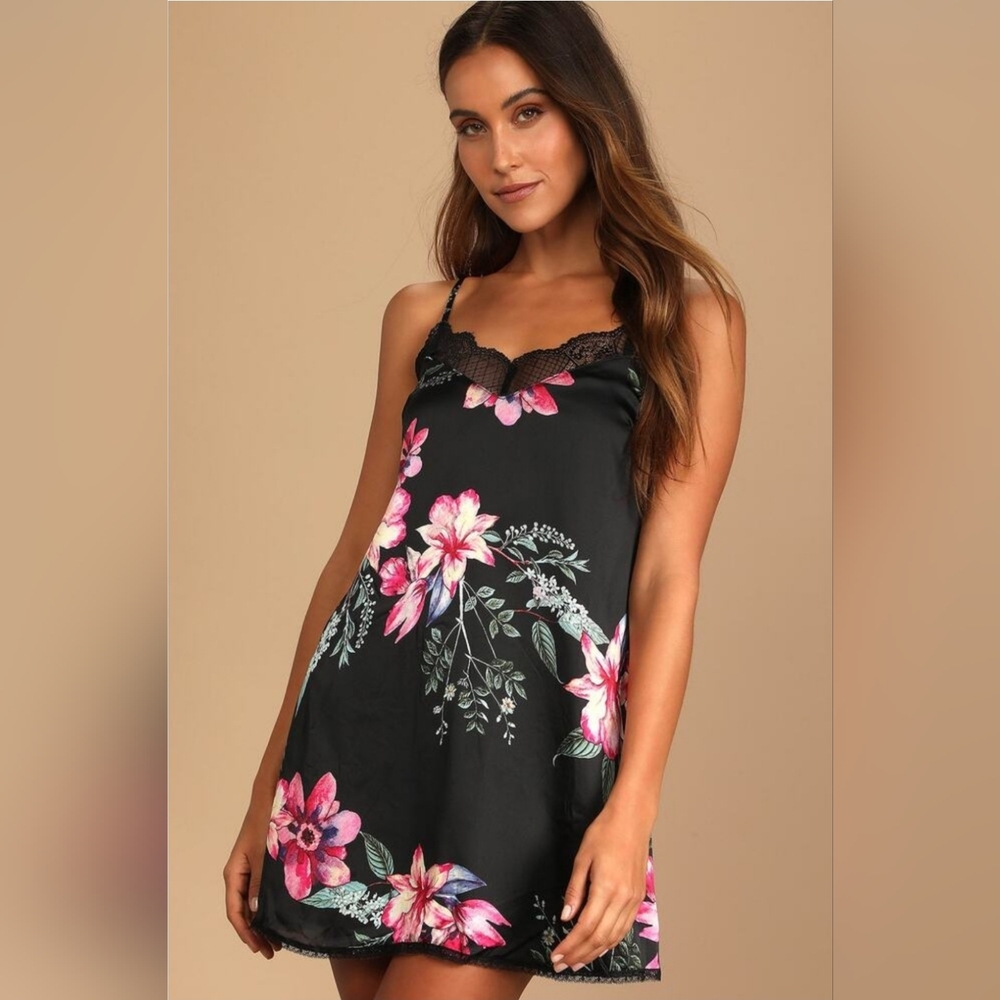 Lulu's Nostalgic Heart Black Floral Lace Satin Slip Dress XL NWT